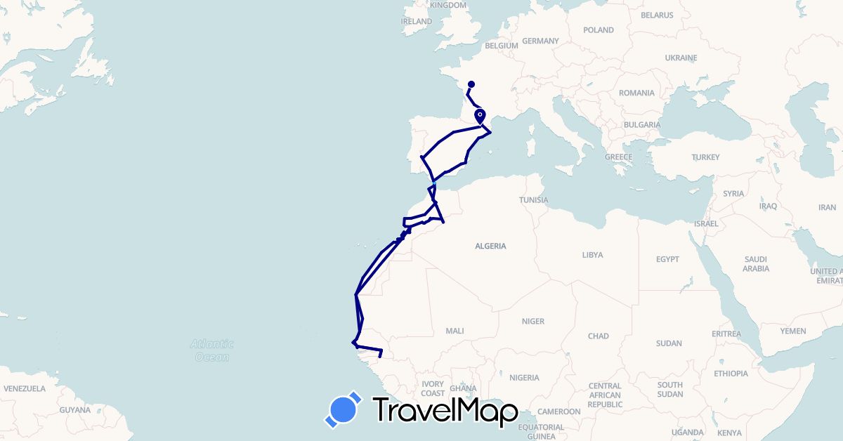 TravelMap itinerary: driving, boat in Andorra, Spain, France, Guinea, Morocco, Mauritania, Portugal, Senegal (Africa, Europe)