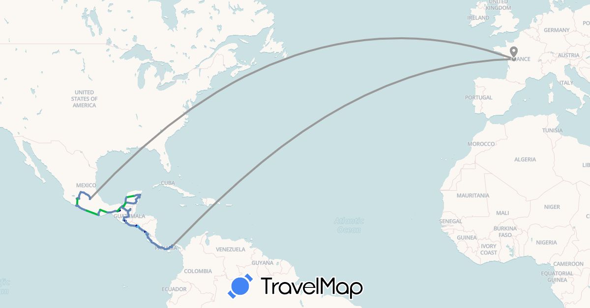 TravelMap itinerary: driving, bus, plane, cycling, hiking, boat in Costa Rica, France, Guatemala, Mexico, Nicaragua, Panama, El Salvador (Europe, North America)